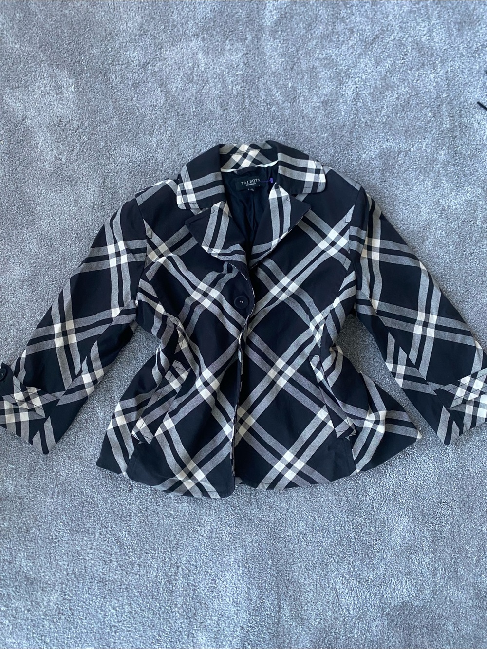 Talbots Black and Cream Plaid Peplum Blazer